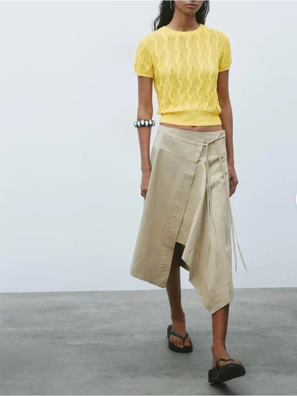 Zara Yellow Knit Top, Cable Detail, Short Sleeve, Size XL